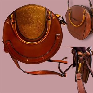 Circular Scrub Women’s Leather Retro Round Pixie Handbag with Strap